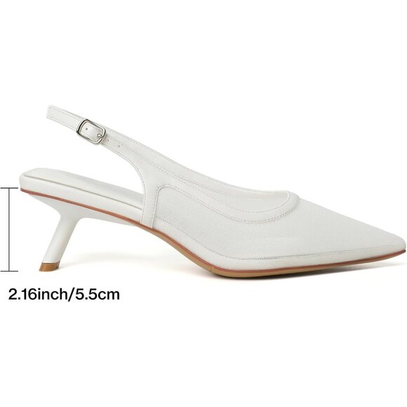 Mostrin Kitten Heel  White Mesh Low Slingback Heels with Buckle Dress Shoes - Picture 2 of 9